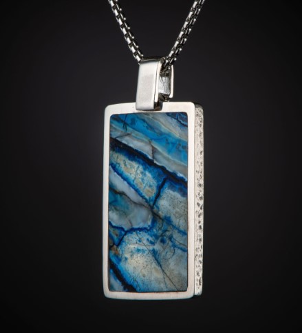 William Henry ‘Blue Mammoth Shift’  Mini Dog Tag Showcases Fossil Wooly Mammoth Tooth (6000+ Years Old) Inlaid Into Sterling Silver  With A Satin Finished Engraving Panel On The Reverse Side